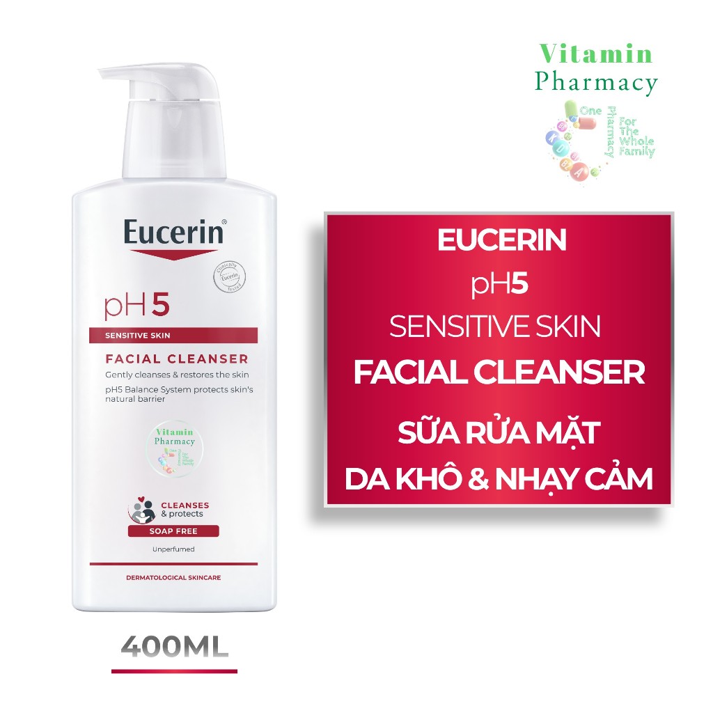 Sữa Rửa Mặt Eucerin pH5 Facial Cleanser 400ml Dịu Nhẹ Phục Hồi Cho Da Nhạy Cảm Chính Hãng