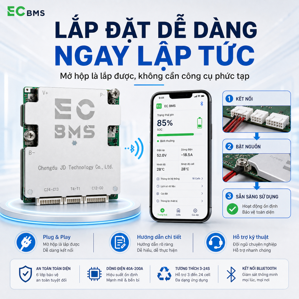 [ECBMS] Mạch BMS 3-24S 100A 200A Hỗ Trợ Ứng Dụng iOS & Android
