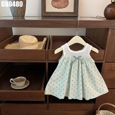 Váy Sát Nách Bé Gái Xanh Mint Chấm Bi Thân Ren Móc Trắng Phối Nơ Dáng Xòe Mềm Nhẹ MINTSCLOSET GV0480