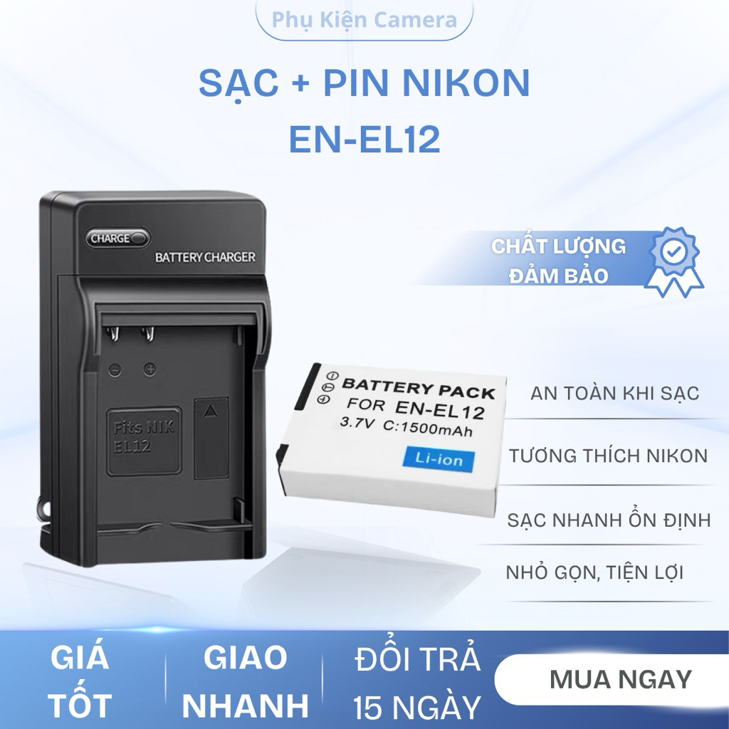Combo Sạc + Pin Nikon EN-EL12 Tương thích hoàn hảo cho các dòng máy Nikon Coolpix (S610, S800c, S910