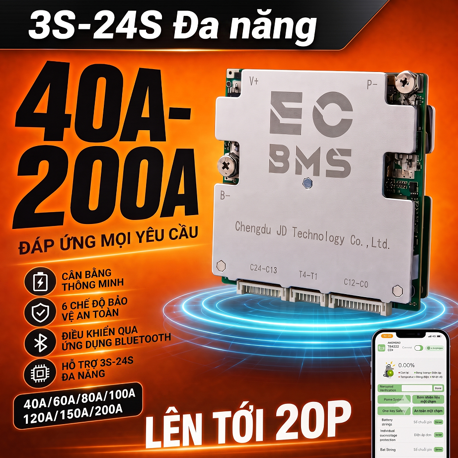 Giải Pháp BMS Xe Điện Cao Cấp ECBMS 3-24S 100A 200A Bluetooth