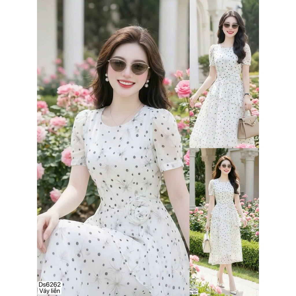 [CHÍNH HÃNG] Đầm Parisian Chic Màu Trắng Chấm Bi Chất Tơ Cao Cấp Thiết Kế Vạt Peplum Đính Hoa Dáng X