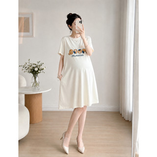Đầm thun bầu màu kem, xám dáng suông ngắn,đầm cổ tròn chất thun cotton, phong cách năng động-PT737