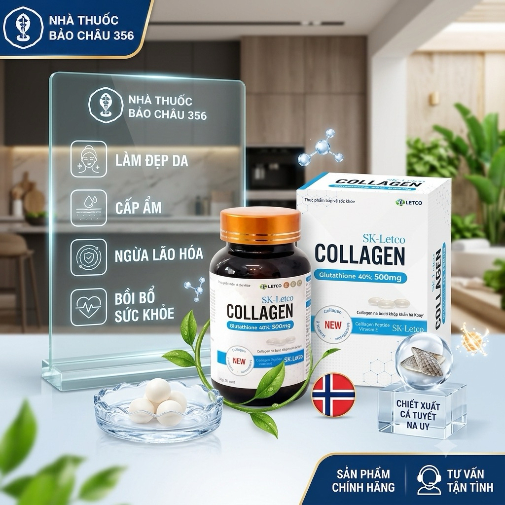 Viên uống trắng da, mờ nám Collagen + Glutathion. Hộp 30 viên (colagen, glutathion)