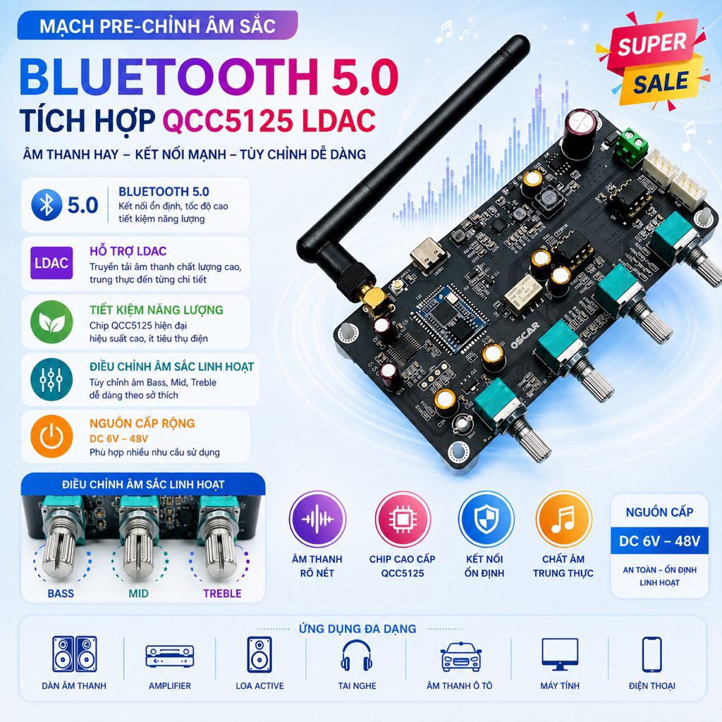 Mạch pre-chỉnh âm sắc tích hợp bluetooth QCC5125 LDAC