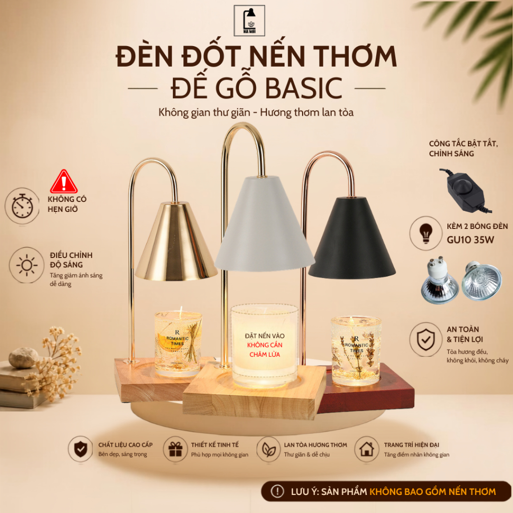 Đèn đốt nến thơm - Phụ kiện nến thơm BBW, Yankee, Candle Cup - Đế gỗ chỉnh độ sáng to nhỏ