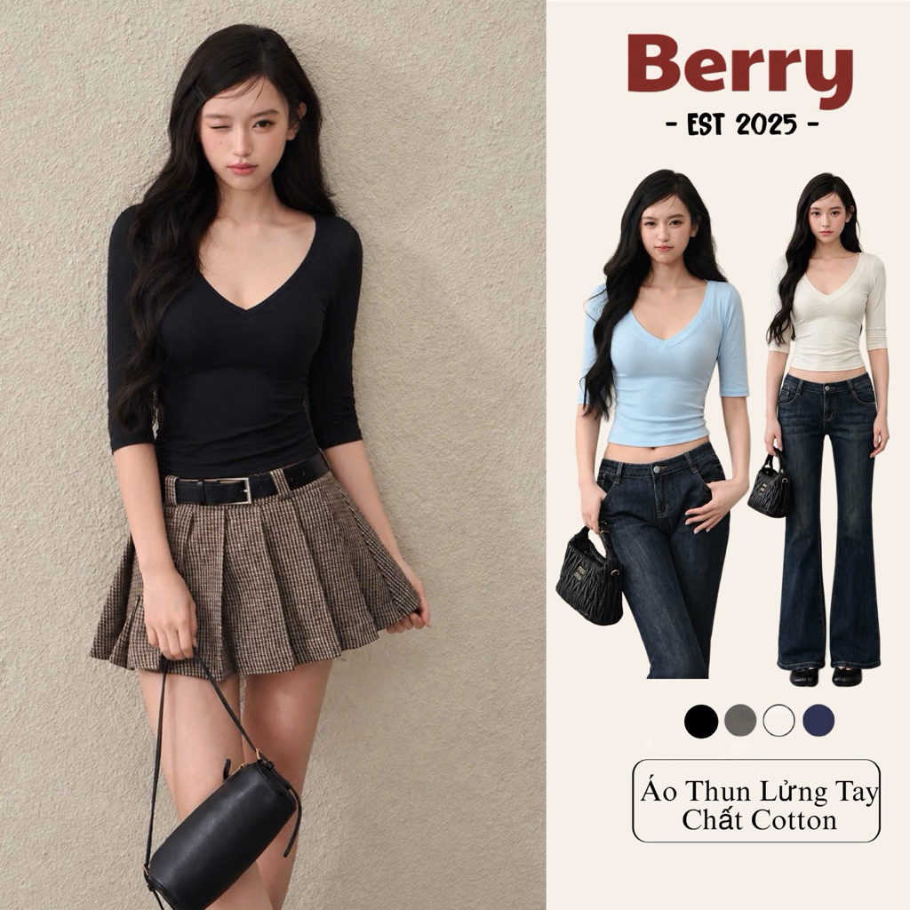 Áo Thun ( Mặc 2 Kiểu ) Lửng Tay Chất Cotton Zip Co Giãn, Mềm, Mịn, Dáng Trơn ( Thun Trơn Lửng Tay Cổ Tròn- Cổ Tim )