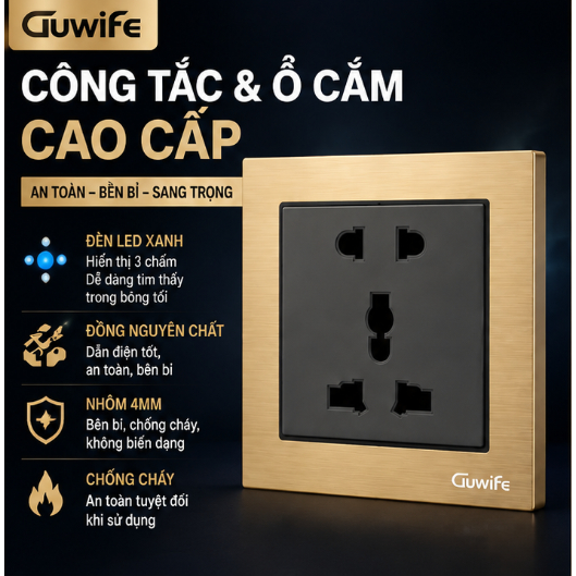 Công Tắc Điện Cao Cấp Guwife Mặt Nhôm Nguyên Khối Dày 4mm, LED Xanh 3 Chấm, Đồng Phốt Pho 0.07mm, Bề