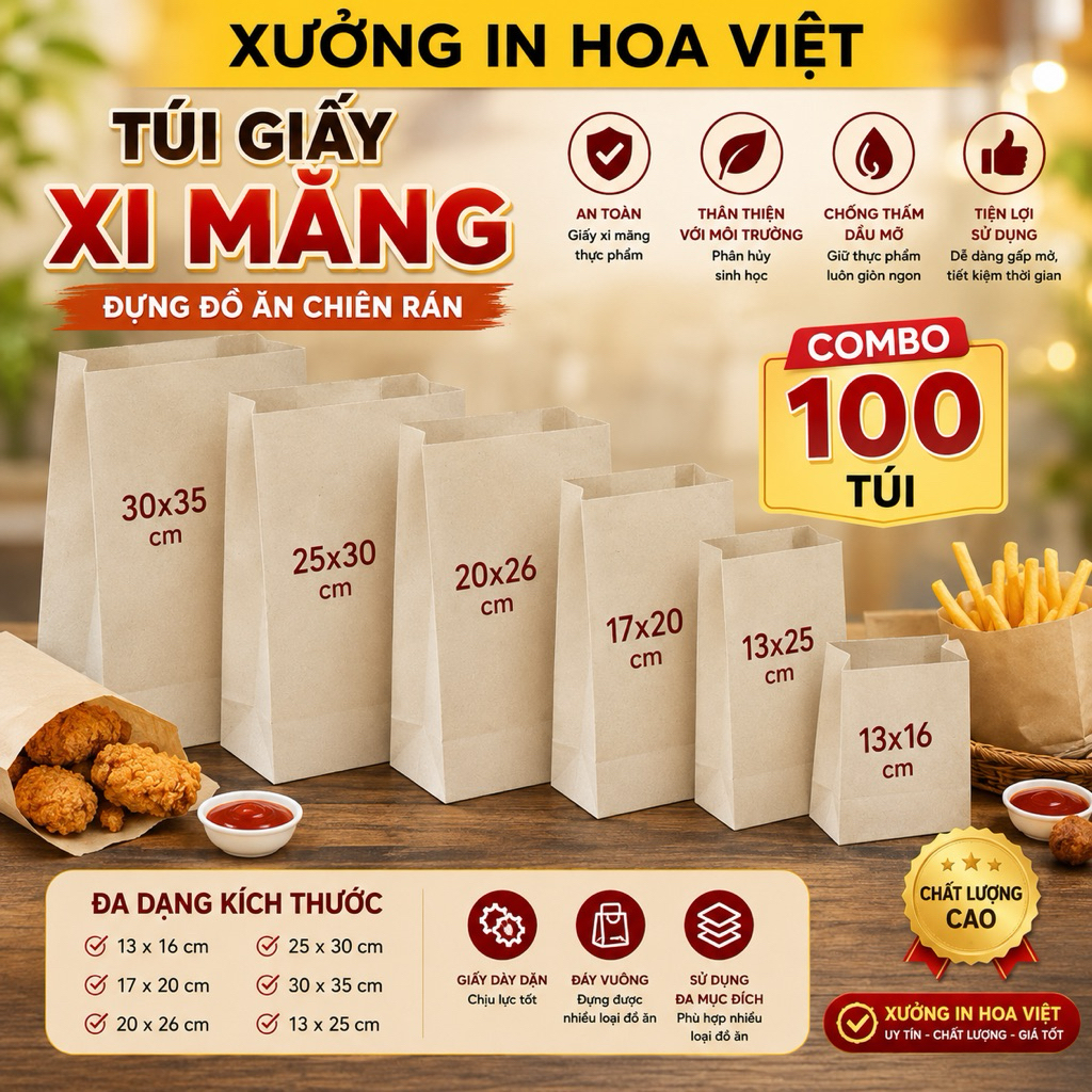 Combo 100 túi giấy xi măng đựng đồ ăn gà rán, khoai tây chiên đóng hàng đủ các kích cỡ hàng đẹp
