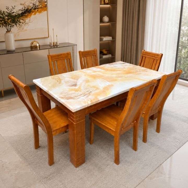 Bộ Bàn Ăn Mặt Đá Khung Gỗ Cao Su 1m4 Cao Cấp