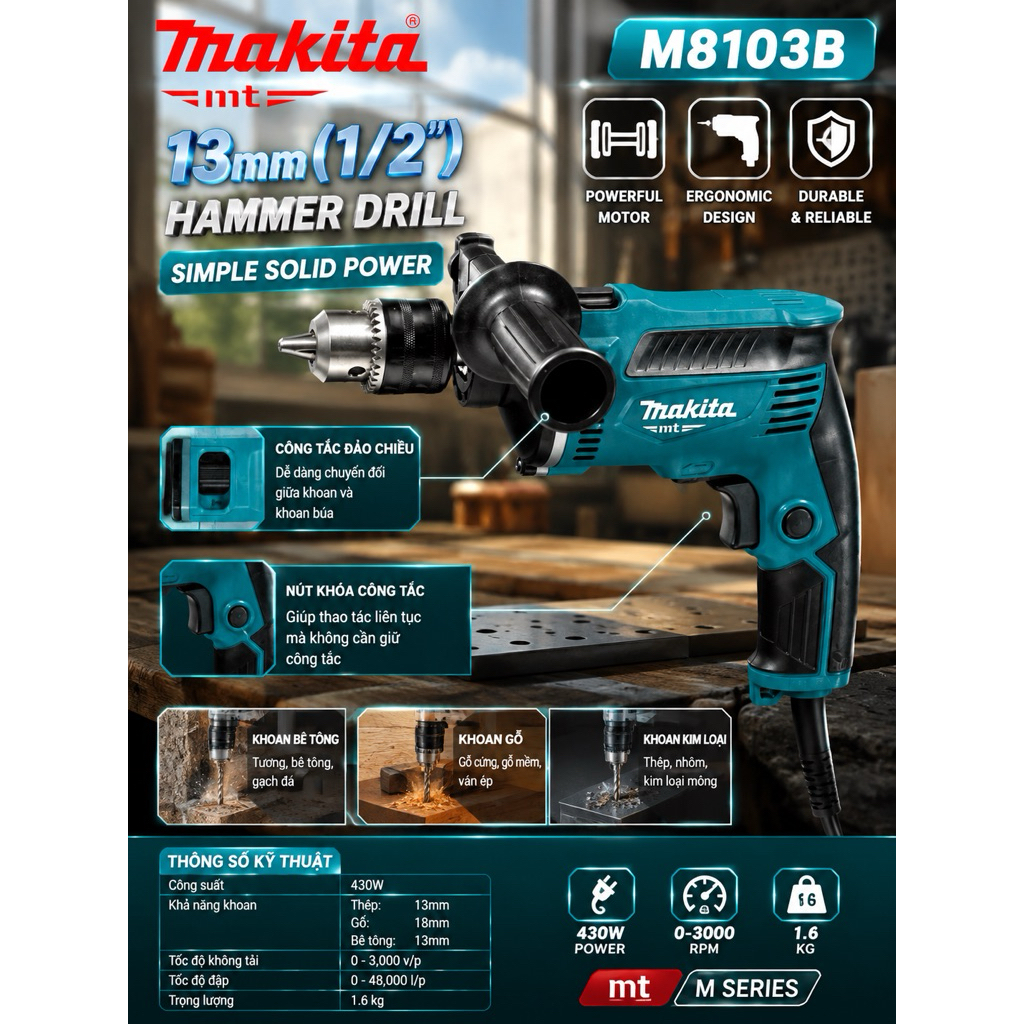 Máy khoan đầu 13 Makita chính hãng