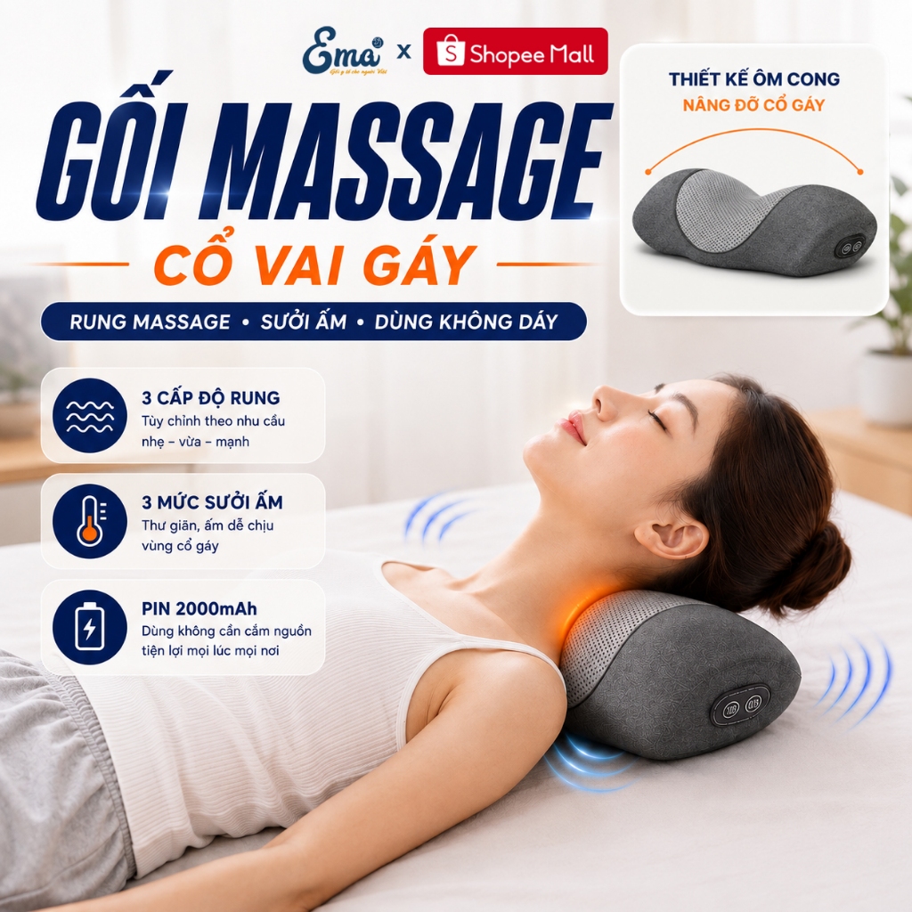 Gối Massage Rung & Sưởi Ấm Cổ Vai Gáy EMA - Cao Su Non Công Thái Học, 3 Mức Nhiệt & Rung, Pin Sạc