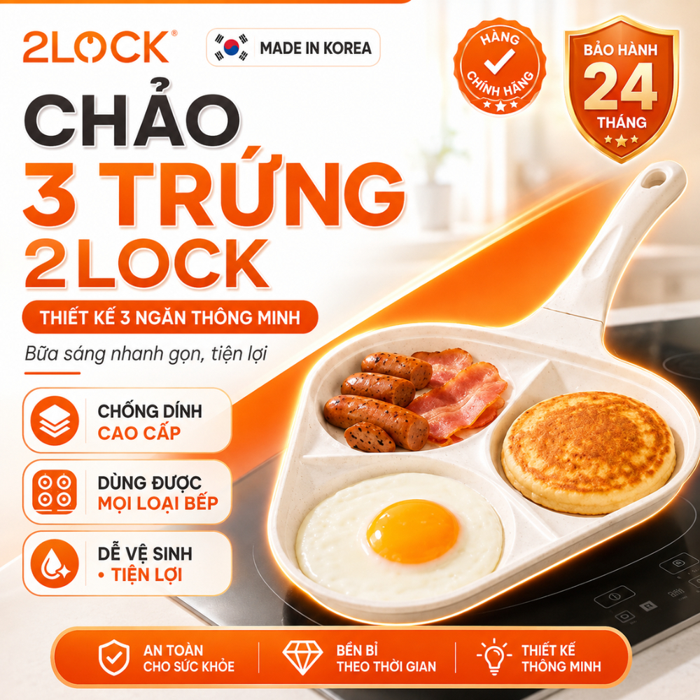 Chảo Chống Dính 3 Ngăn 2LOCK Hàn Quốc Tráng Sứ, Chảo Chiên 3 Trong 1 Dùng Bếp Từ, Chính Hãng