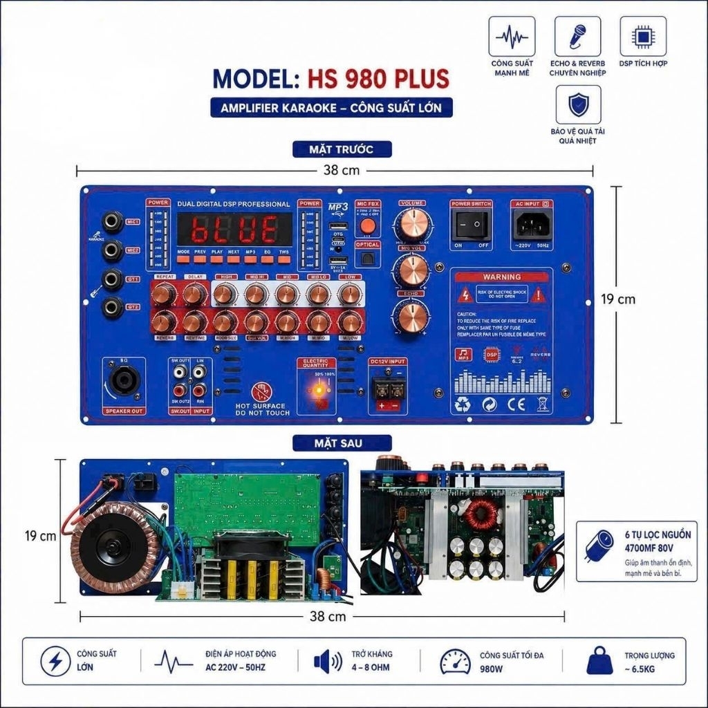 BO MẠCH H270s T450S T900s MỚI Mạch Loa Kéo Reverb Hoàn Hảo Nhất Nguồn 40V Đôi DSP Mono Có MID