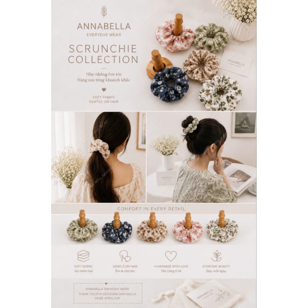 Cột Tóc Nữ Xô Muslin – Scrunchies Vải Muslin Vintage Mềm Nhẹ Annabella Không Đau Gãy Tóc