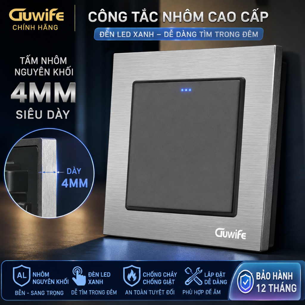 GUWIFE Công Tắc Ổ Cắm Màu Xám Cao Cấp – Mặt Nhôm 4mm Siêu Dày, Lõi Đồng 0.7mm, Thiết Kế Sang Trọng, 