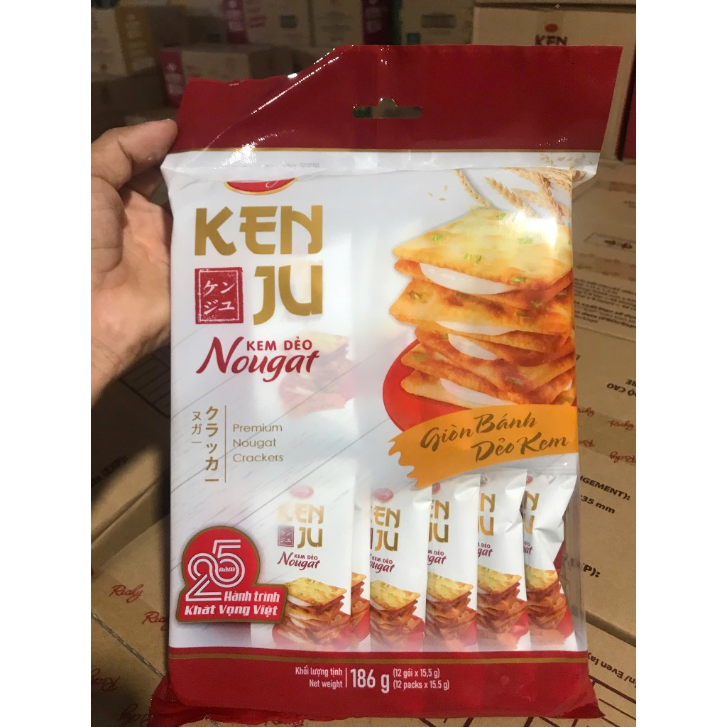 Bánh Quy Kem Dẻo Nougat Kenju 186g – Bánh Giòn Kẹp Kem Nougat, 12 Gói Nhỏ
