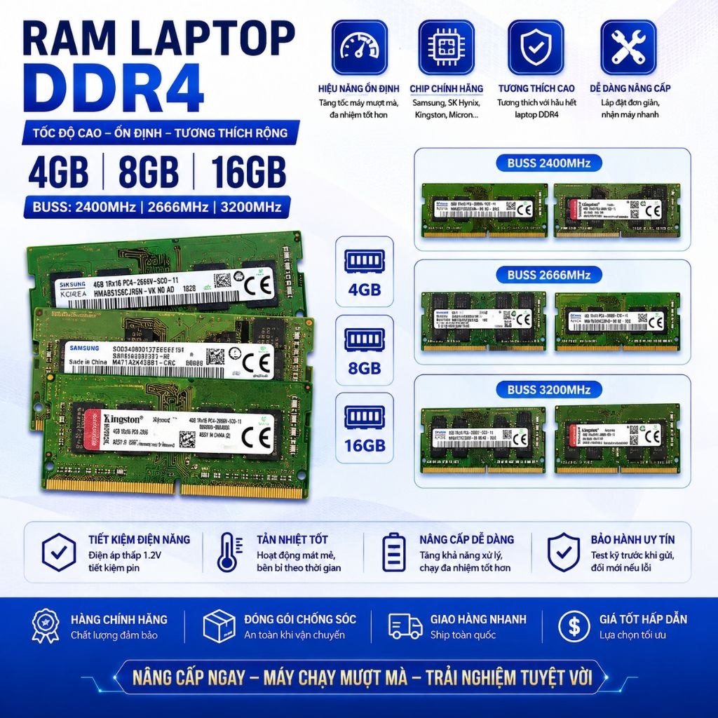 RAM LAPTOP DDR4 4GB / 8GB / 16GB – SAMSUNG / SK HYNIX / KINGSTON / MICRON