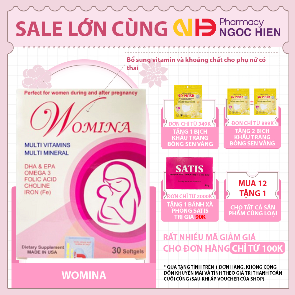 Viên uống bổ bầu WOMINA - Nhập khẩu Mỹ – Bổ sung vitamin và khoáng chất cho bà bầu (30 viên)