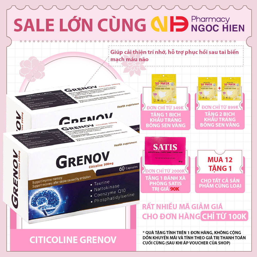 Viên Citicoline Grenov (500mg) – Bổ não, cải thiện trí nhớ, hỗ trợ phục hồi sau tai biến (60 viên)