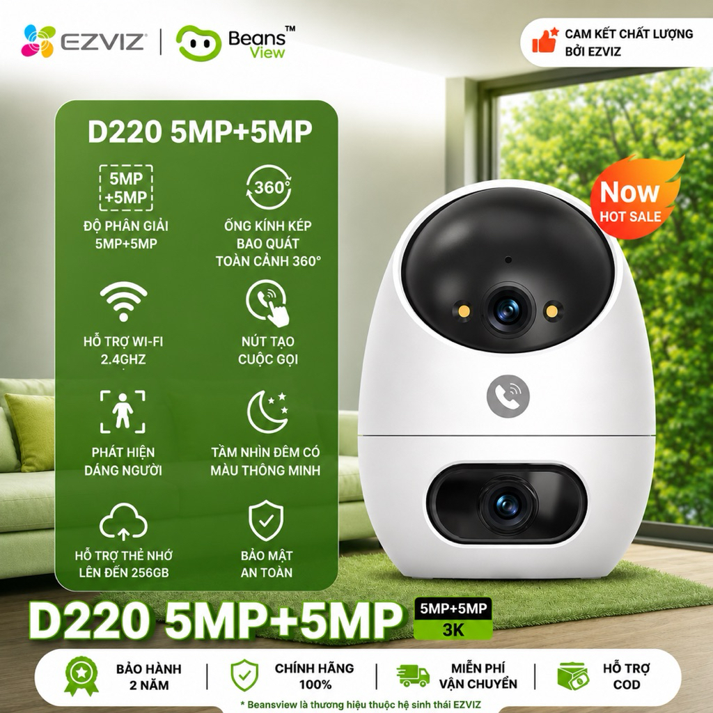 Camera Wifi 2 Mắt BeansView D220 (3MP+3MP)/(5MP+5MP) Trong Nhà, Nút Gọi, Đàm Thoại 2 Chiều, Báo Động