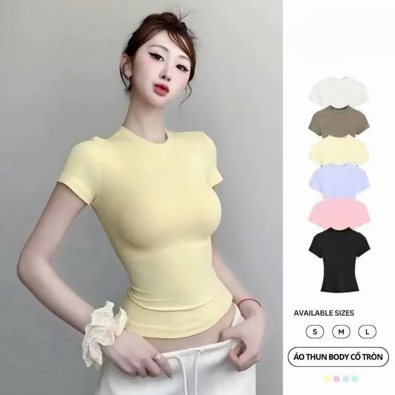 Áo thun cổ tròn chất thun gân tăm,Áo thun nữ form ôm Babytee,áo thun body thắt eo