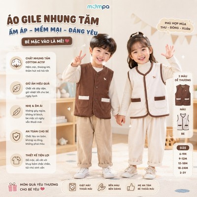 Áo gile cho bé Mompa 6 tháng - 3 tuổi vải Cotton nhung tăm co giãn ấm áp cúc giữa 0156