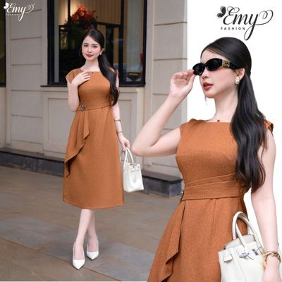 Đầm Thiết Kế EMY Thời Trang Cao Cấp EM4141 Vải Chéo Canvas Nâu Đất Sang Chảnh Đi Tiệc