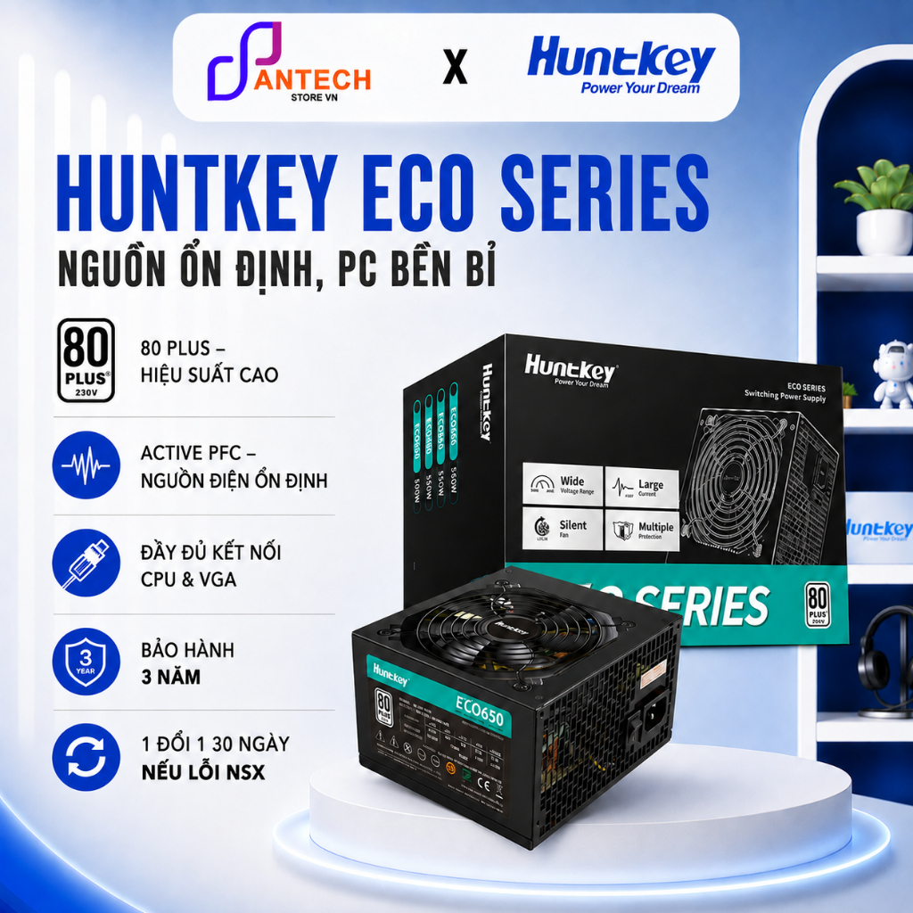 Nguồn Máy Tính Huntkey ECO500 ECO650 500W 650W 80 Plus Active PFC Quạt 120mm ATX PSU - BH 3 Năm