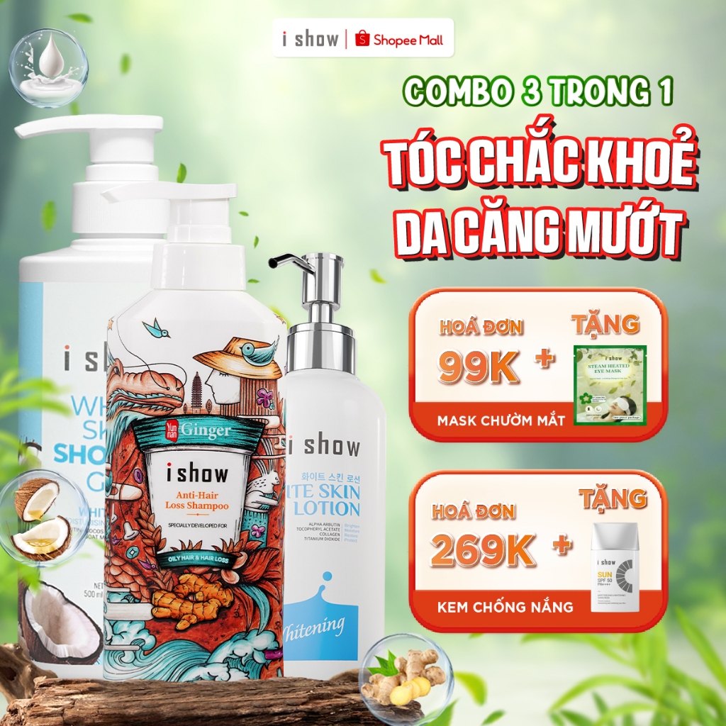 Combo 3 Món Chăm Tóc & Dưỡng Da I SHOW - Dầu Gội Gừng, Sữa Tắm Dừa, Body Lotion - Tóc Khỏe Da Đẹp