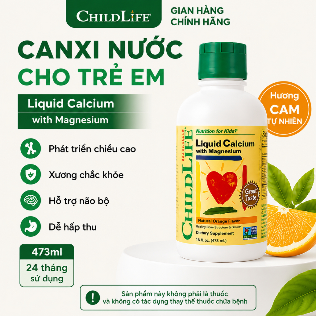 Liquid Calcium ChildLife cung cấp canxi, magie, kẽm và Vitamin D3 cho bé (473ml)