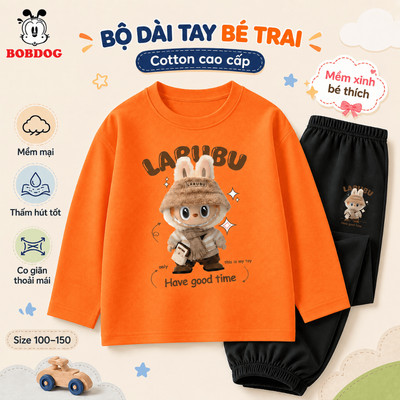 Bộ quần áo bé trai BOBDOG dài tay chất thun cotton co giãn in hình LABUBU TW-KS43 cho bé