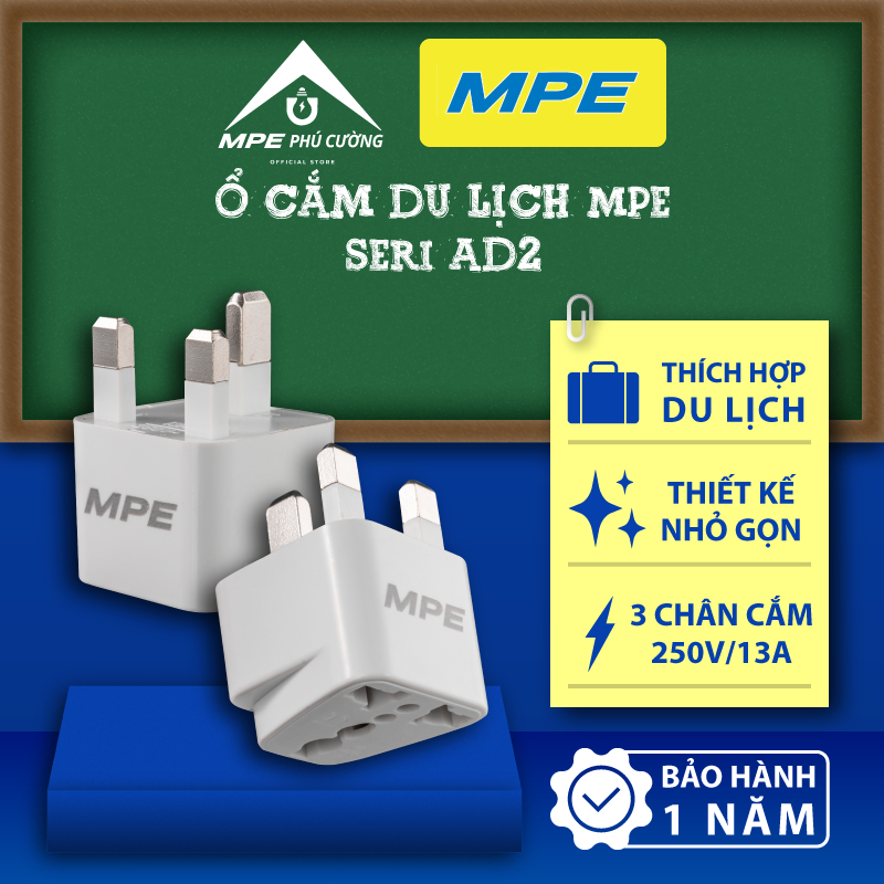 (CHÍNH HÃNG) MPE - Ổ cắm du lịch 3 chân cắm vuông kiểu Anh Quốc tiêu chuẩn Châu Âu Chính hãng MPE Ph