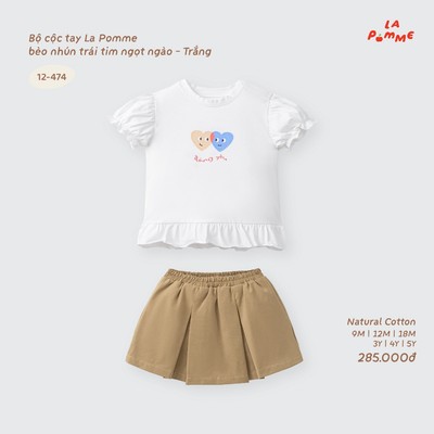 Bộ cộc tay La Pomme bèo nhún trái tim ngọt ngào - Sợi Natural Cotton thoáng mát - Bé gái - 9M - 5Y