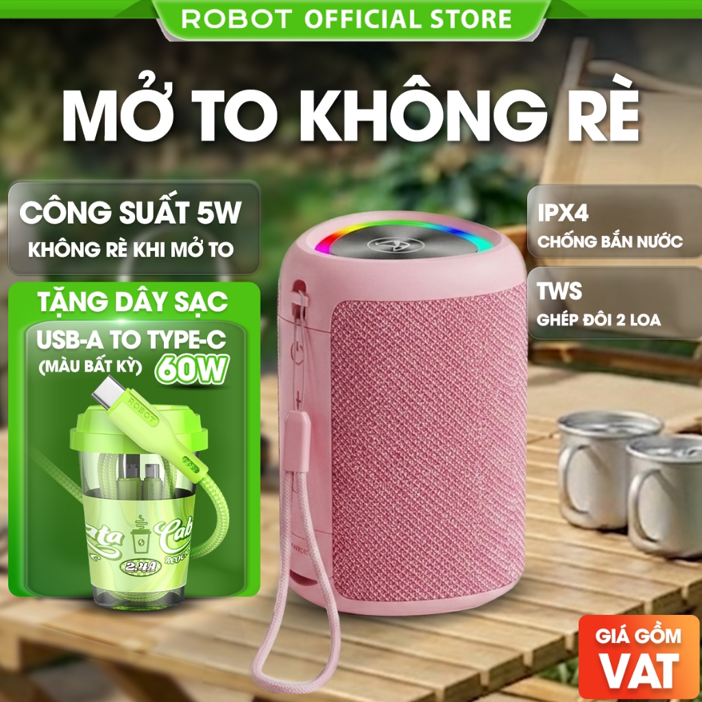 Loa Bluetooth Mini ROBOT RB120 Hồng Matte phiên bản giới hạn Công Suất 5W Đèn Led RGB BH 12 Tháng