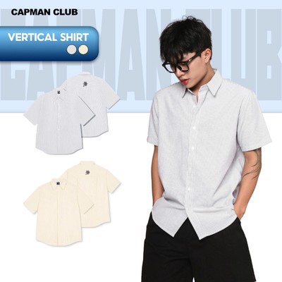 Áo sơ mi nam tay ngắn sọc Oxford VERTICAL phom rộng CAPMAN CLUB, sơ mi nam thêu hoa trẻ trung thoải mái