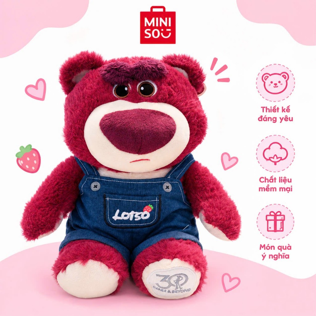 Gấu Bông Lotso Dâu Tây Mặc Quần Yếm Chính Hãng Của Miniso- Mềm Mịn, Đáng Yêu