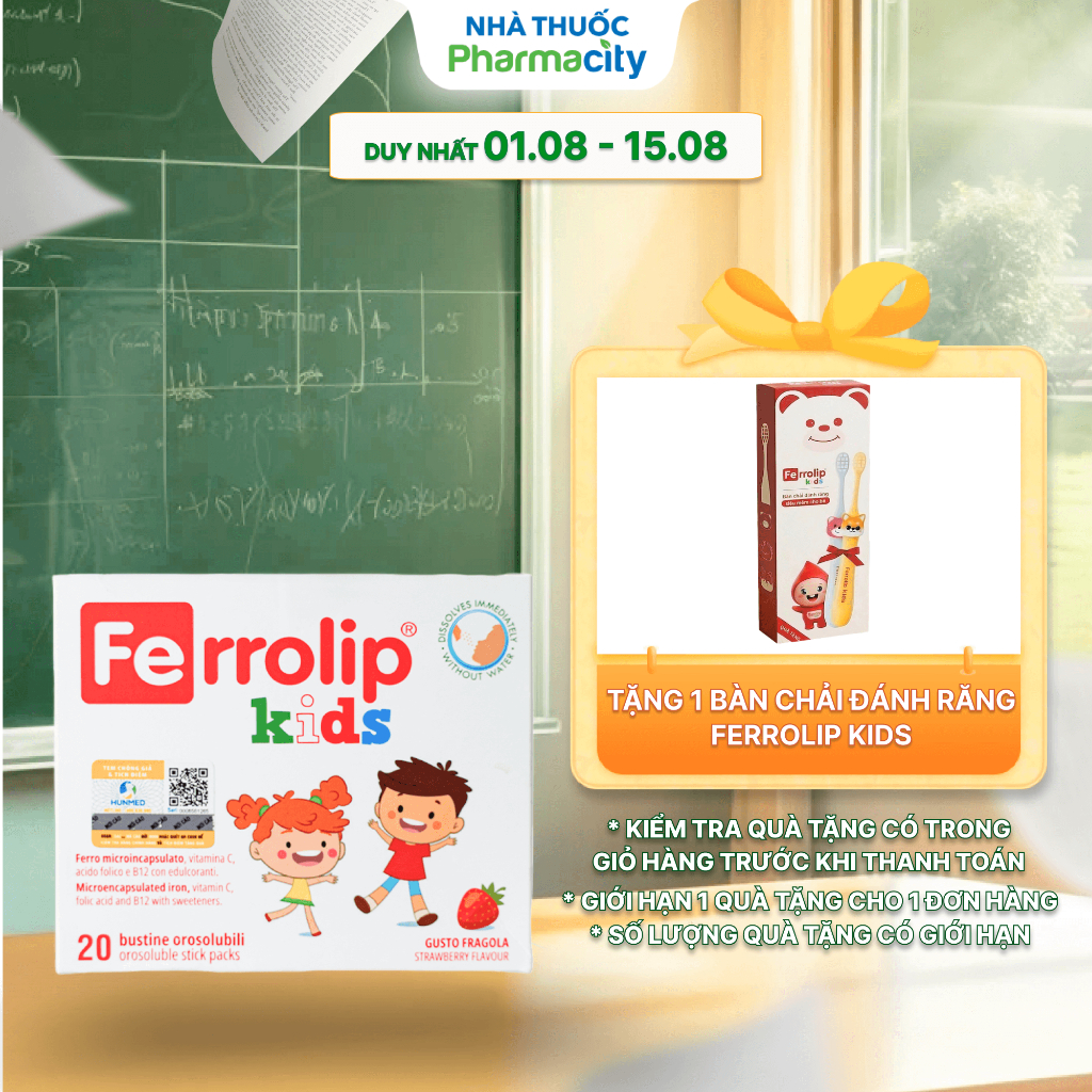 Bột uống Ferrolip Kids bổ sung sắt vị dâu (Hộp 20 gói)