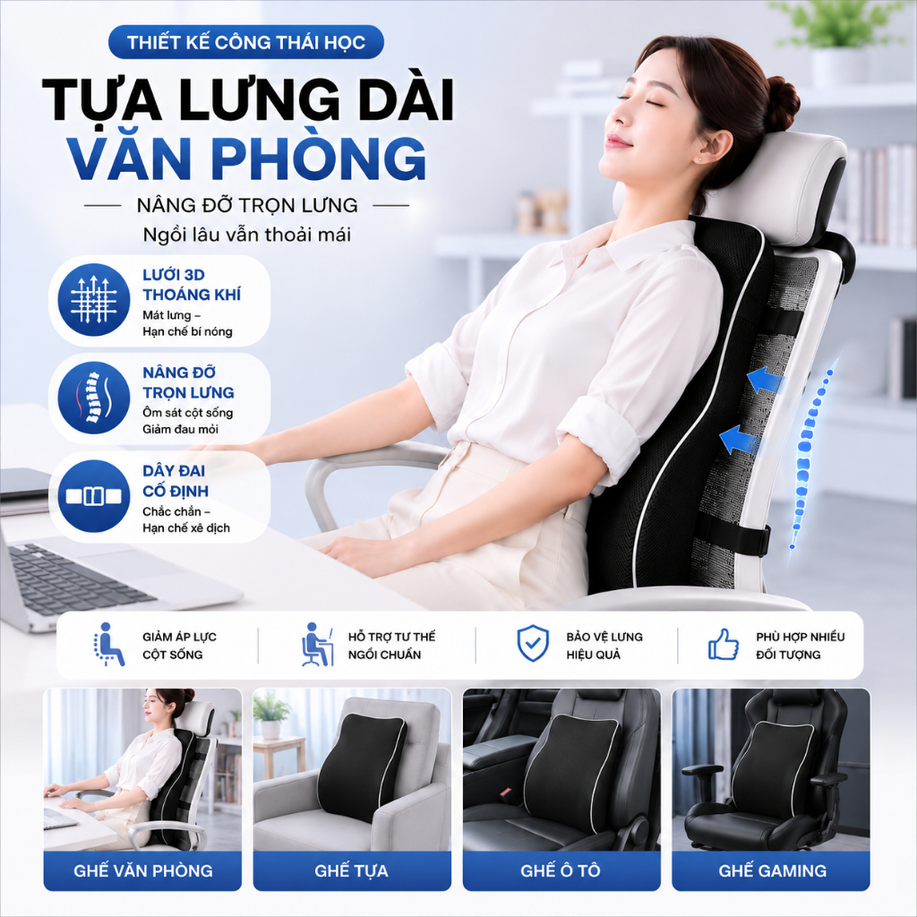 GỐI TỰA LƯNG VĂN PHÒNG DECAR – THIẾT KẾ CÔNG THÁI HỌC, NÂNG ĐỠ THẮT LƯNG, MEMORY FOAM ÊM ÁI