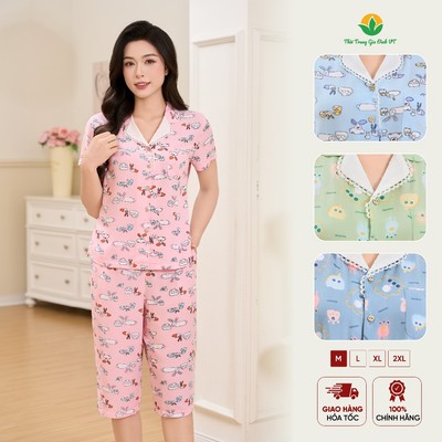 Đồ bộ mặc nhà nữ lanh tole Việt Thắng thoáng mát, quần lửng áo cộc tay họa tiết trẻ trung - B06.6105
