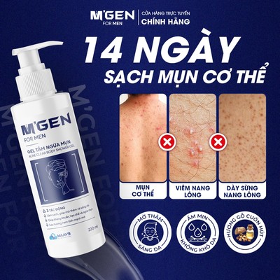 [MUA 2 TẶNG 1]Sữa tắm mụn lưng MGEN dạng gel hỗ trợ làm sáng da, cải thiện viêm nang lông chai 220ml dành cho nam giới