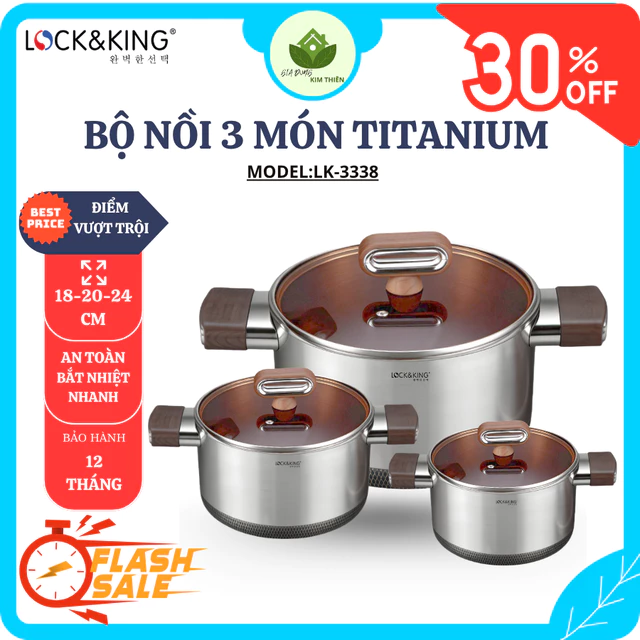 Bộ 3 Nồi Titanium Lock&King LK-3338 Inox 316 Cao Cấp, Dung Tích 2.5L - 3.6L - 6.3L - Gia Dụng Kim Thiên