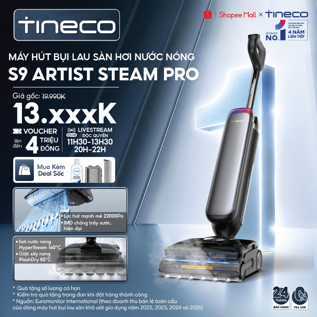 Tineco Floor One S9 Artist Steam Pro Máy hút bụi lau sàn hơi nước nóng HyperSteam 160°C - 22000pa - 