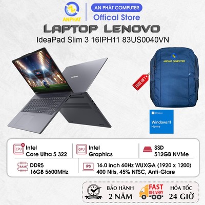 Laptop Lenovo IdeaPad Slim 3 16IPH11 83US0040VN, Core Ultra 5 322, 16GB RAM, 512GB SSD, 16.0 FHD+ IPS, Win11