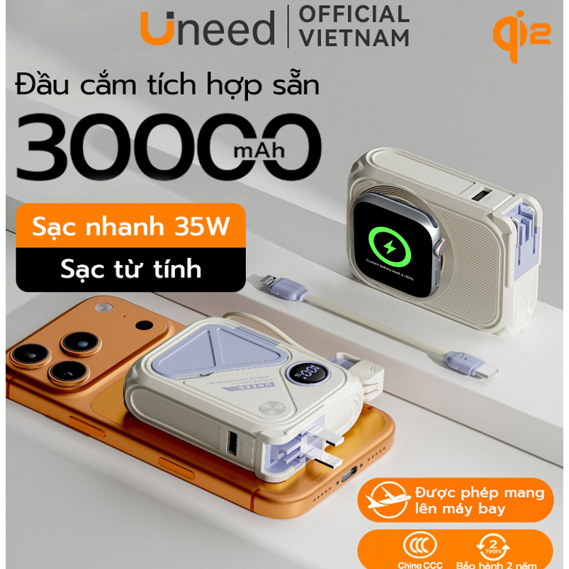 【Qi2+CCC】Sạc Dự Phòng UNEED 30000/20000mAh Sạc Nhanh PD 20W 35W Sạc Không Dây, Cục Sạc Dựng Phòng Đầu AC
