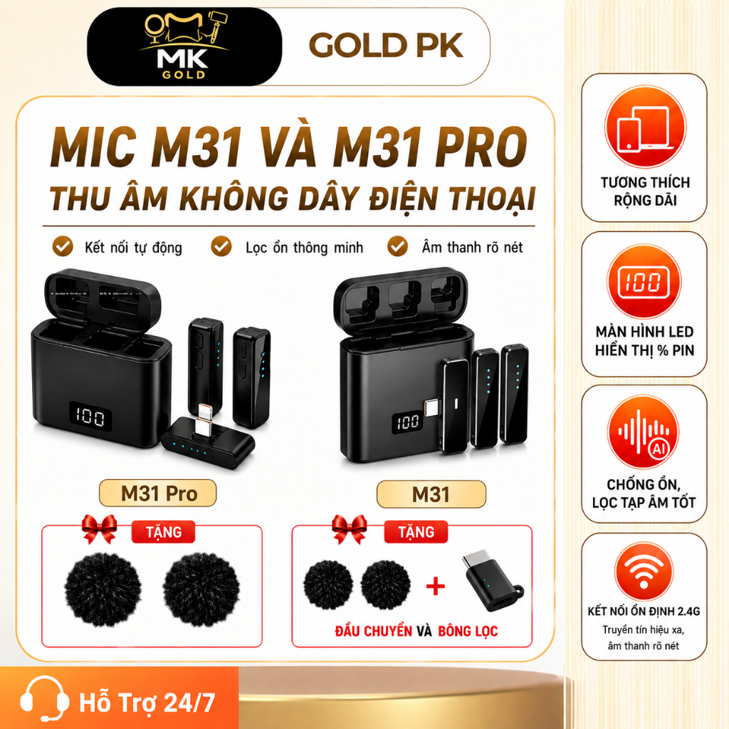 Mic M31, M31 Pro Thu Âm Không Dây Điện Thoại Bật Tắt Lọc Ồn - Micro Ghi Âm