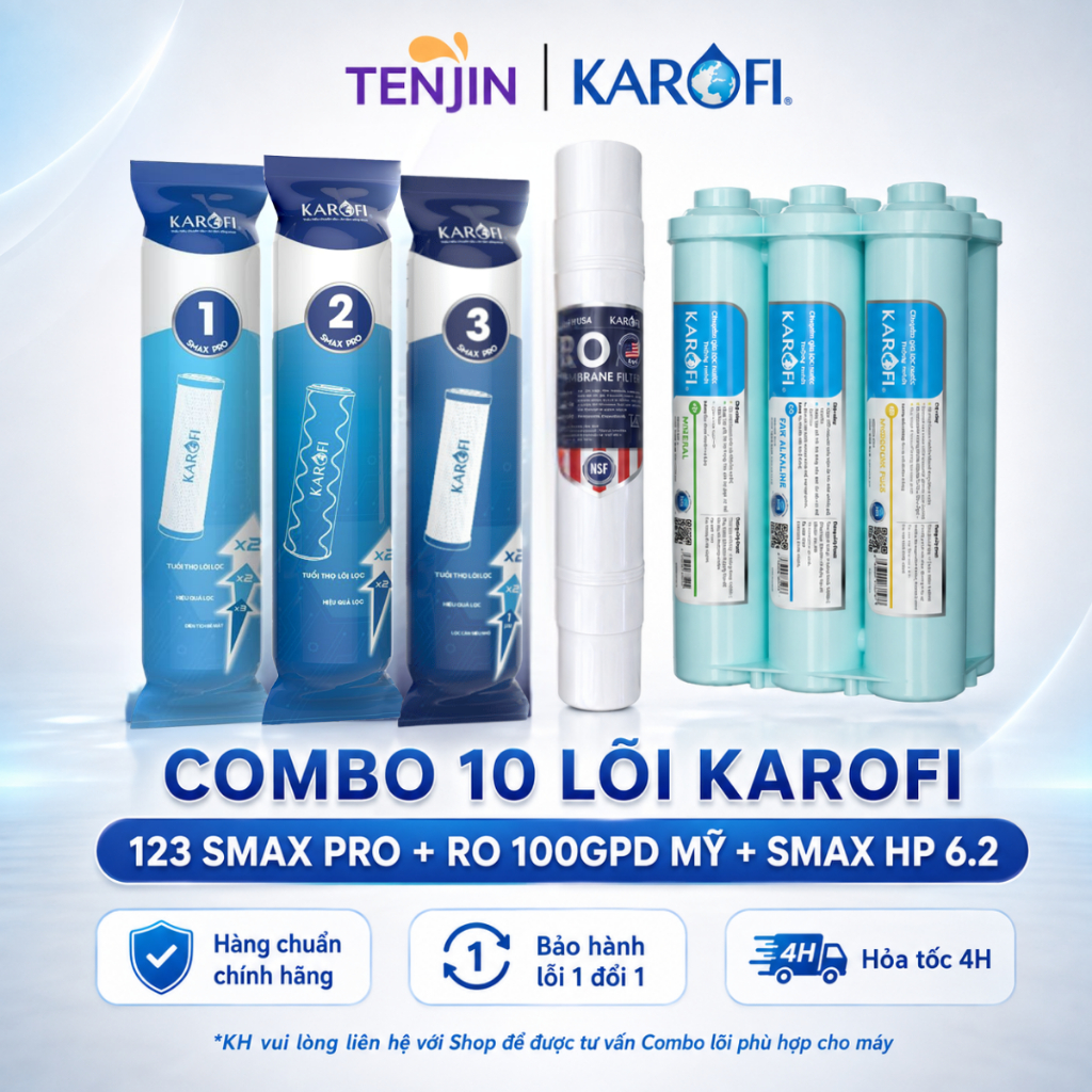 Combo 10 Lõi Lọc Nước Dùng Cho Máy Lọc Nước Karofi P95, Gồm 123 Smax Pro + RO Mỹ Và Bộ HP 6.2 Hiệu S