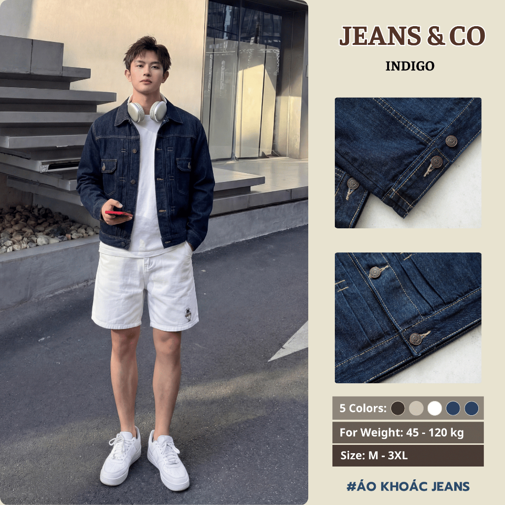 Jeans Jacket - JEANS & CO - Áo Khoác INDIGO Jean Nam Form Rộng Màu , Dusty Blue, Retro Blue
