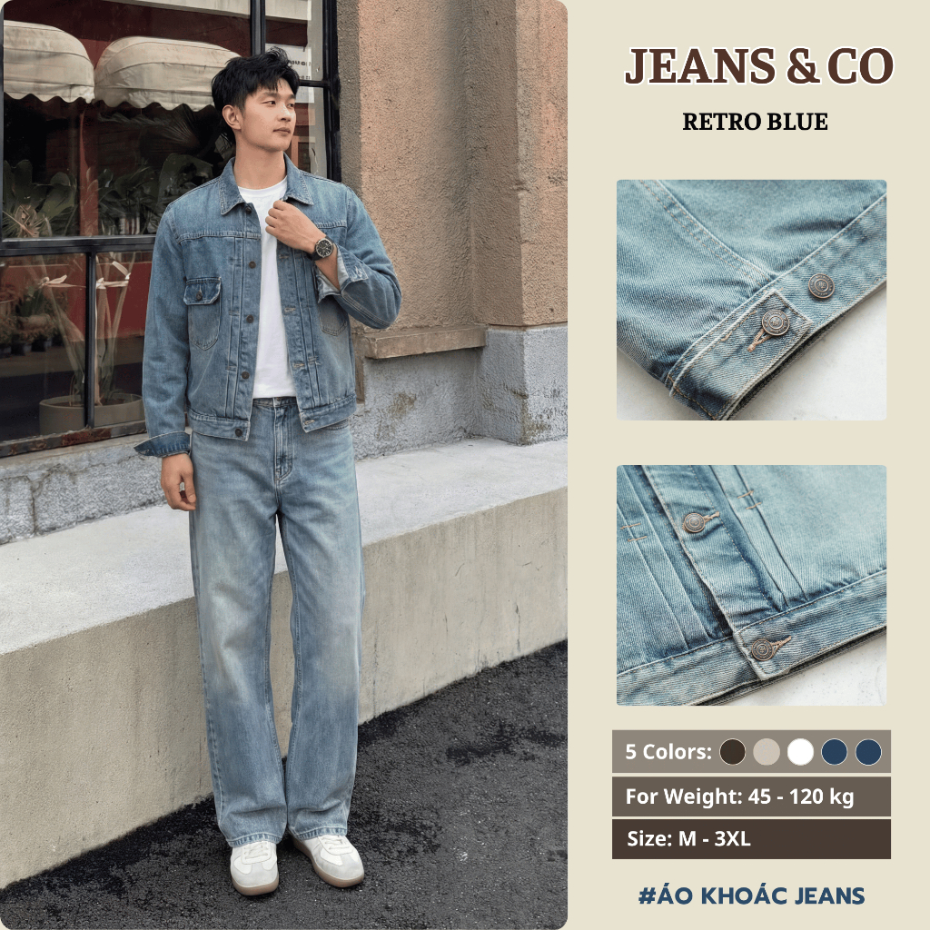 Jeans Jacket - JEANS & CO -  Áo Khoác RETRO XANH Form Rộng Màu Indigo, Dusty Blue
