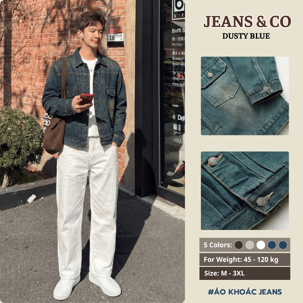 Jeans Jacket - JEANS & CO - Áo Khoác DUSTY BLUE Jean Nam Form Rộng Màu Indigo, Retro Blue